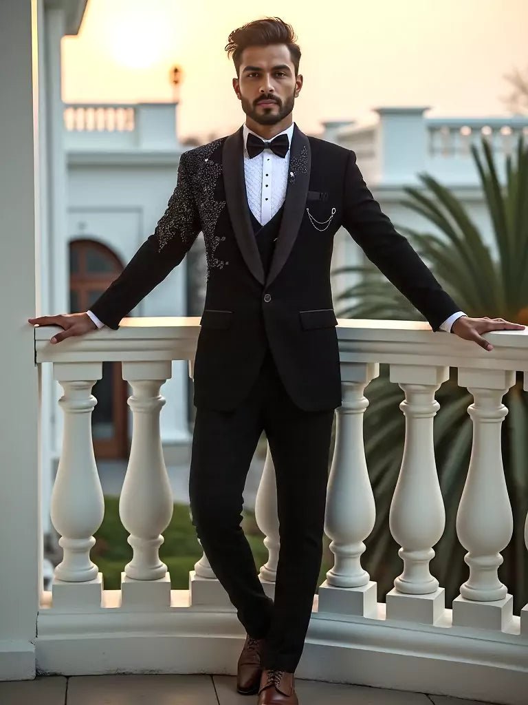 Image of Black Cutdana and Pearls work Polynosic 5 Pc Designer Suit - South India Shopping Mall