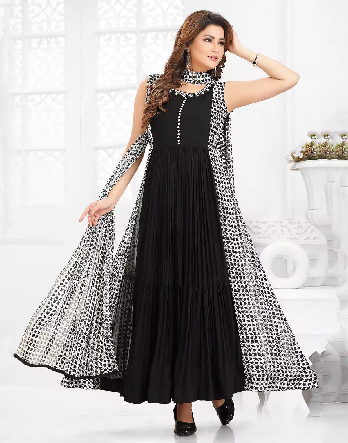 Black Flared Anarkali Georgette Party Wear Kurti with Dupatta - South India Shopping Mall