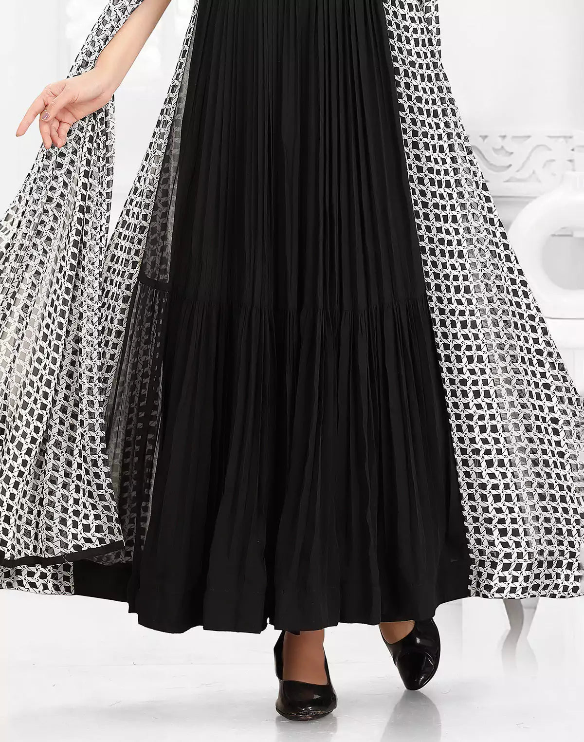 Image of Black Flared Anarkali Georgette Party Wear Kurti with Dupatta - South India Shopping Mall