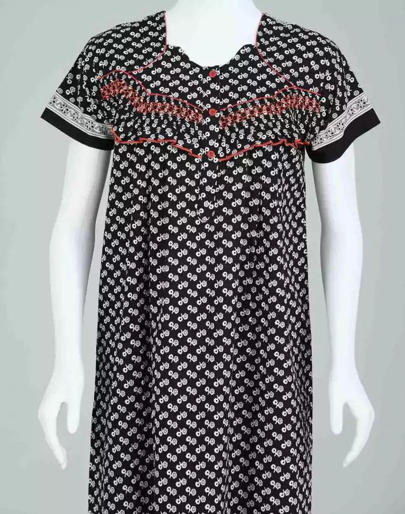 Image of Black Floral Cotton Printed Women Nighty - South India Shopping Mall