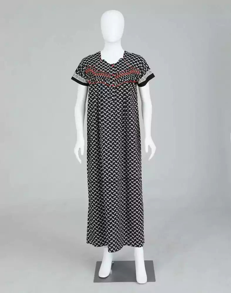 Image of Black Floral Cotton Printed Women Nighty - South India Shopping Mall