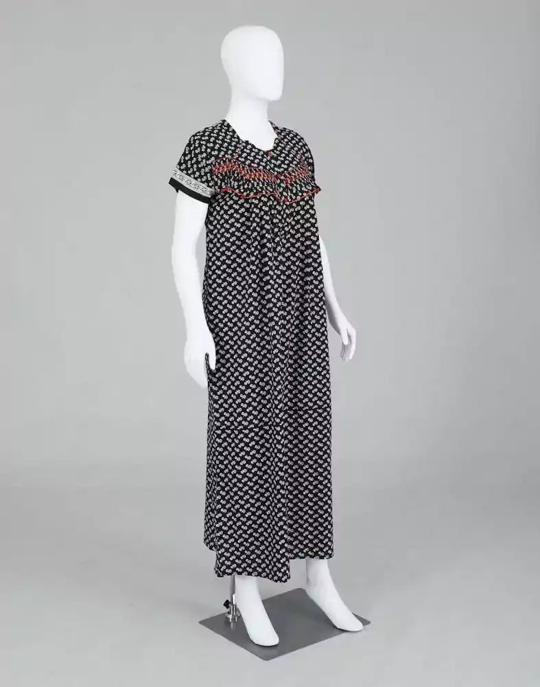 Image of Black Floral Cotton Printed Women Nighty - South India Shopping Mall