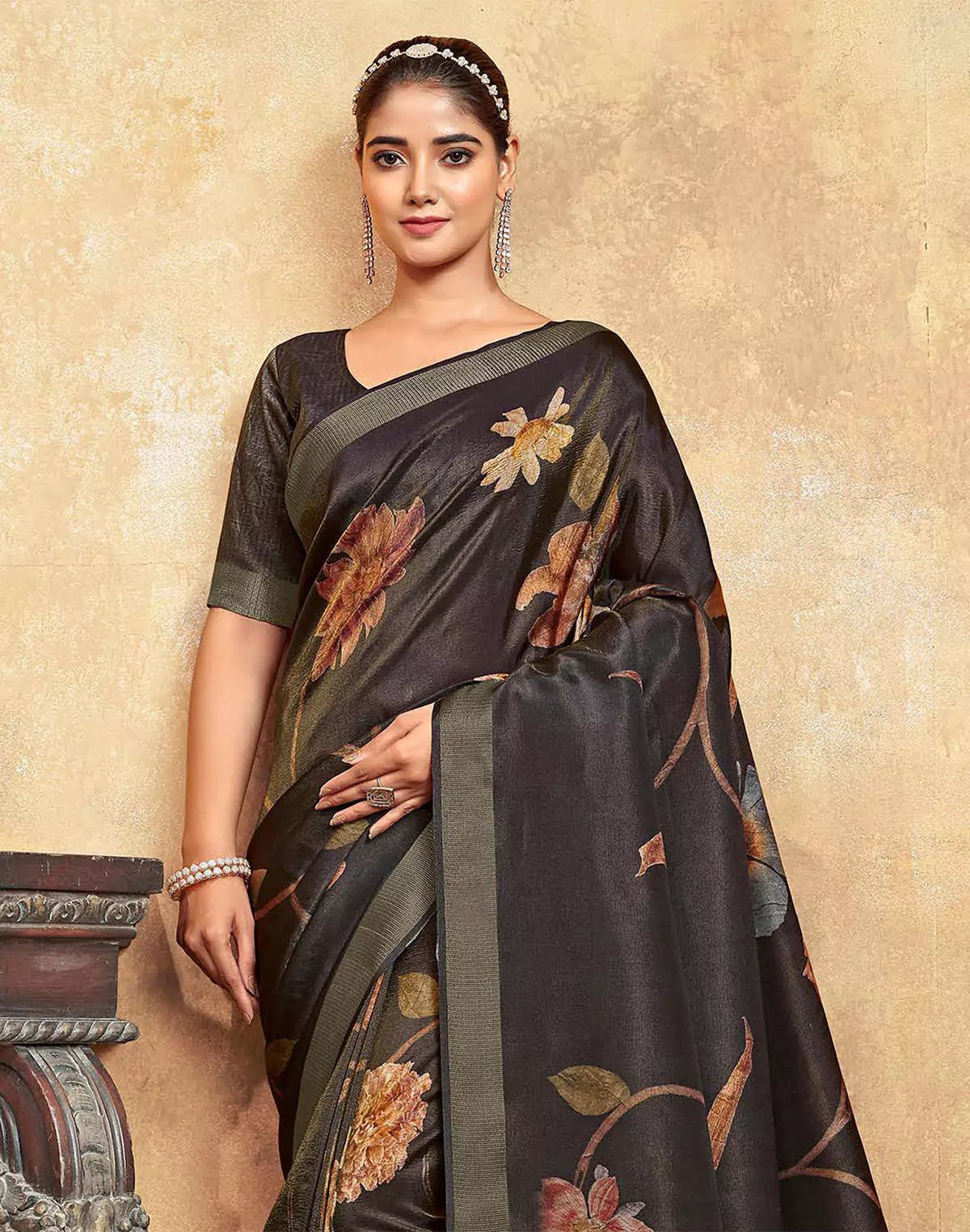 Image of Black Floral Print Dola Silk Saree With Tussels - South India Shopping Mall