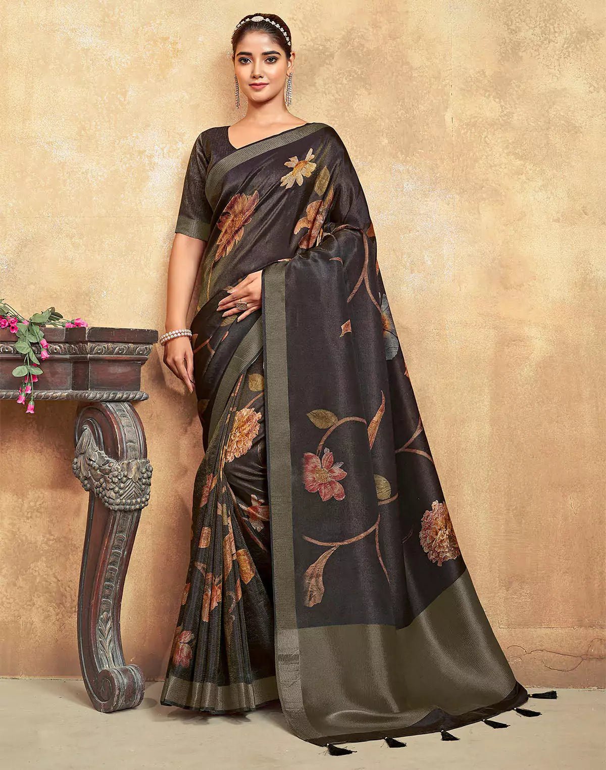 Image of Black Floral Print Dola Silk Saree With Tussels - South India Shopping Mall