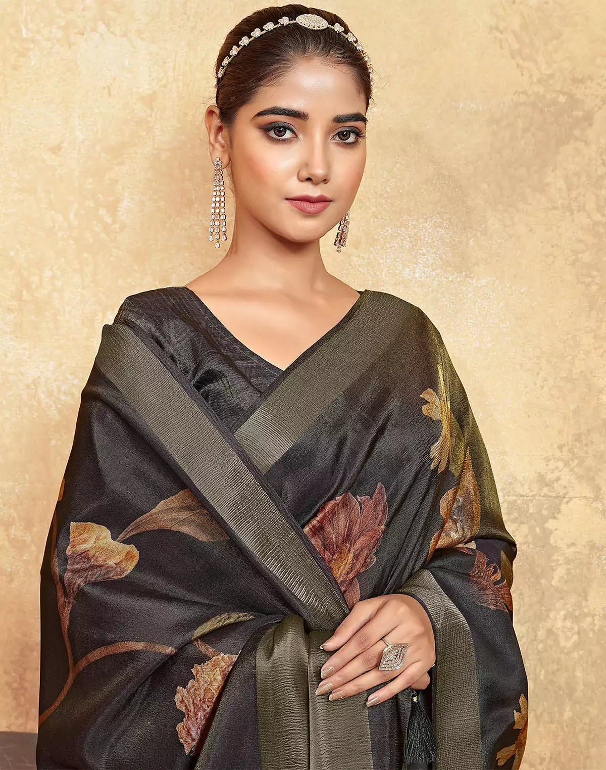 Image of Black Floral Print Dola Silk Saree With Tussels - South India Shopping Mall