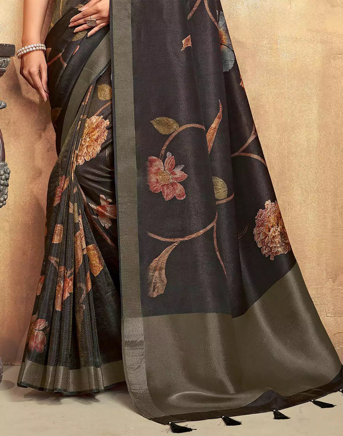 Image of Black Floral Print Dola Silk Saree With Tussels - South India Shopping Mall