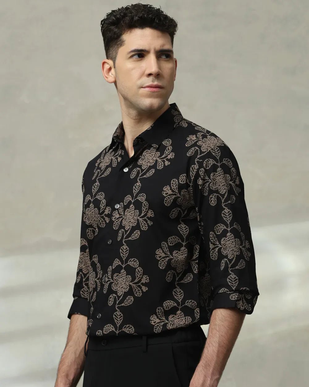 Image of Black Full Sleeve Floral Print Cotton Casual Shirt - South India Shopping Mall