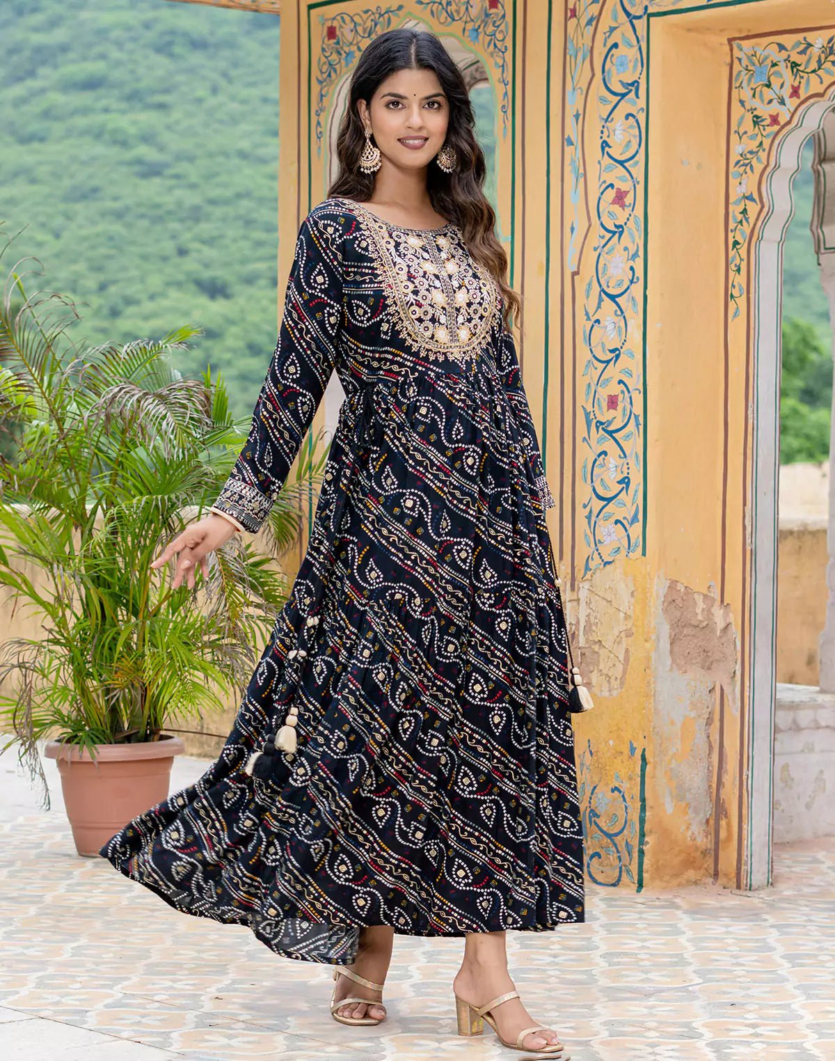 Image of Black Fully Flared Rayon Party Wear Kurti - South India Shopping Mall