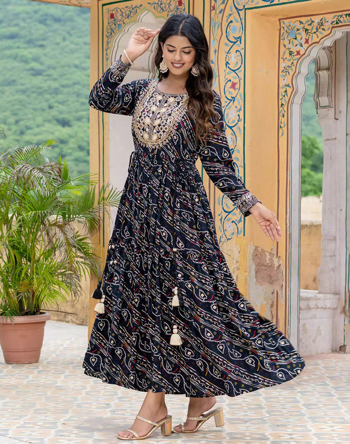 Black Fully Flared Rayon Party Wear Kurti - South India Shopping Mall