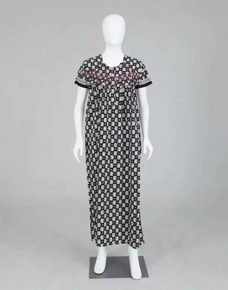 Image of Black Geometric Cotton Printed Women Nighty - South India Shopping Mall