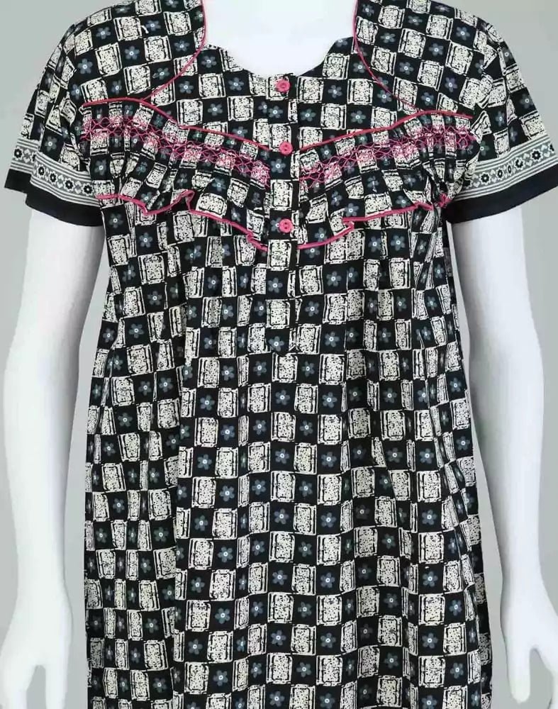 Image of Black Geometric Cotton Printed Women Nighty - South India Shopping Mall