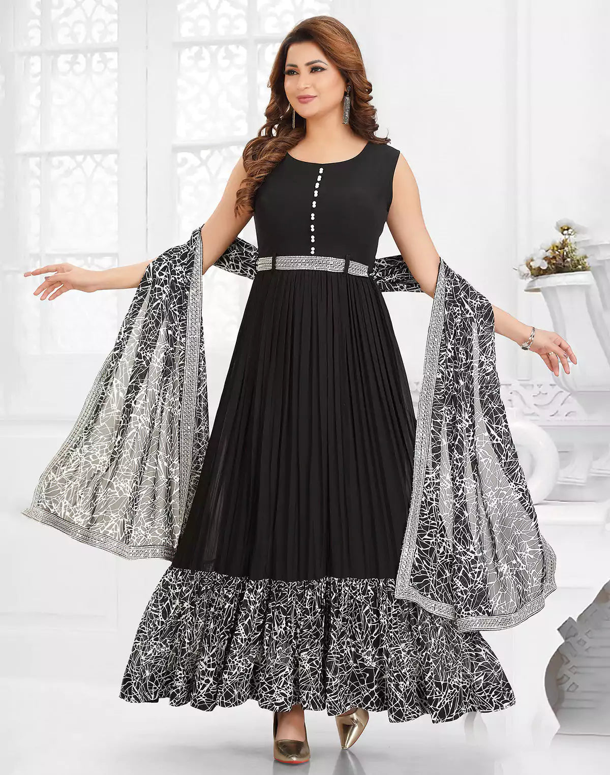 Image of Black Georgette Fully Flared Long Kurti With Dupatta - South India Shopping Mall