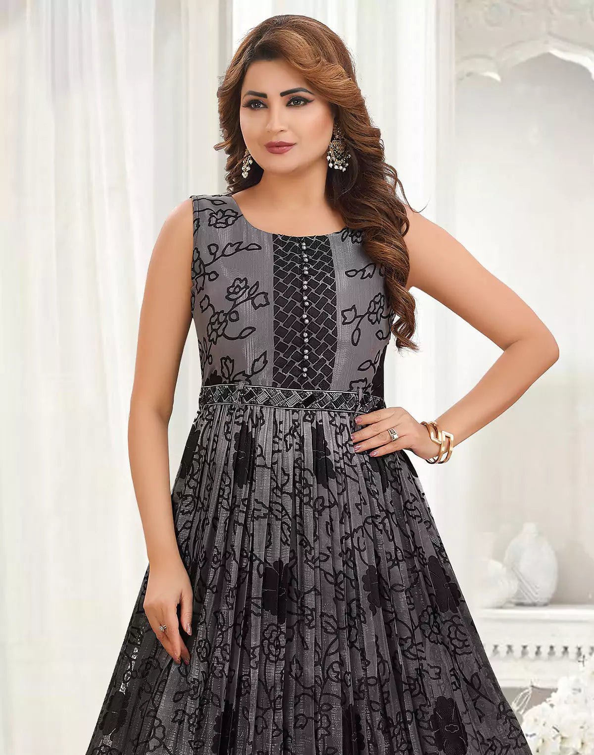 Image of Black Party Wear Georgette Long Flared Kurti - South India Shopping Mall