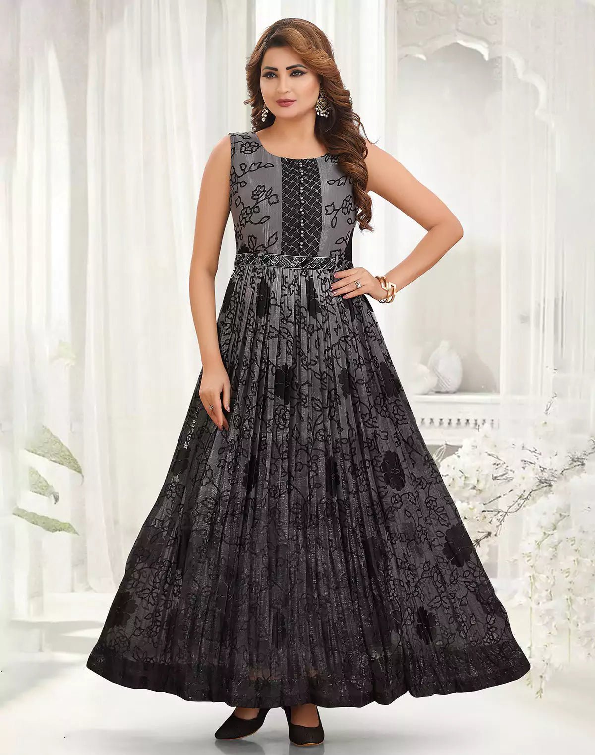 Image of Black Party Wear Georgette Long Flared Kurti - South India Shopping Mall
