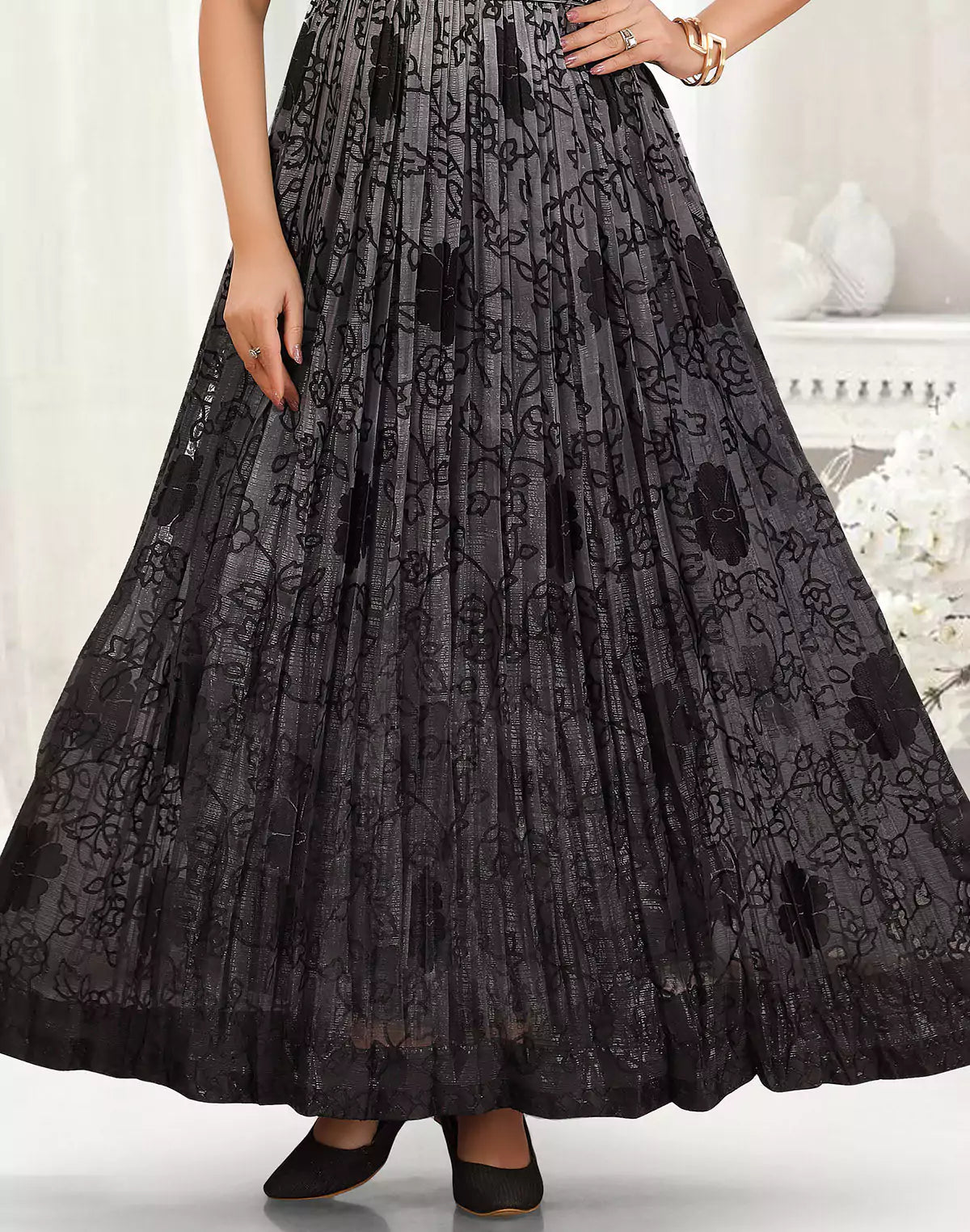 Image of Black Party Wear Georgette Long Flared Kurti - South India Shopping Mall