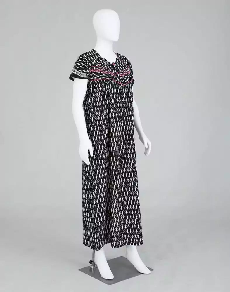 Image of Black Polka Dots Cotton Printed Women Nighty - South India Shopping Mall