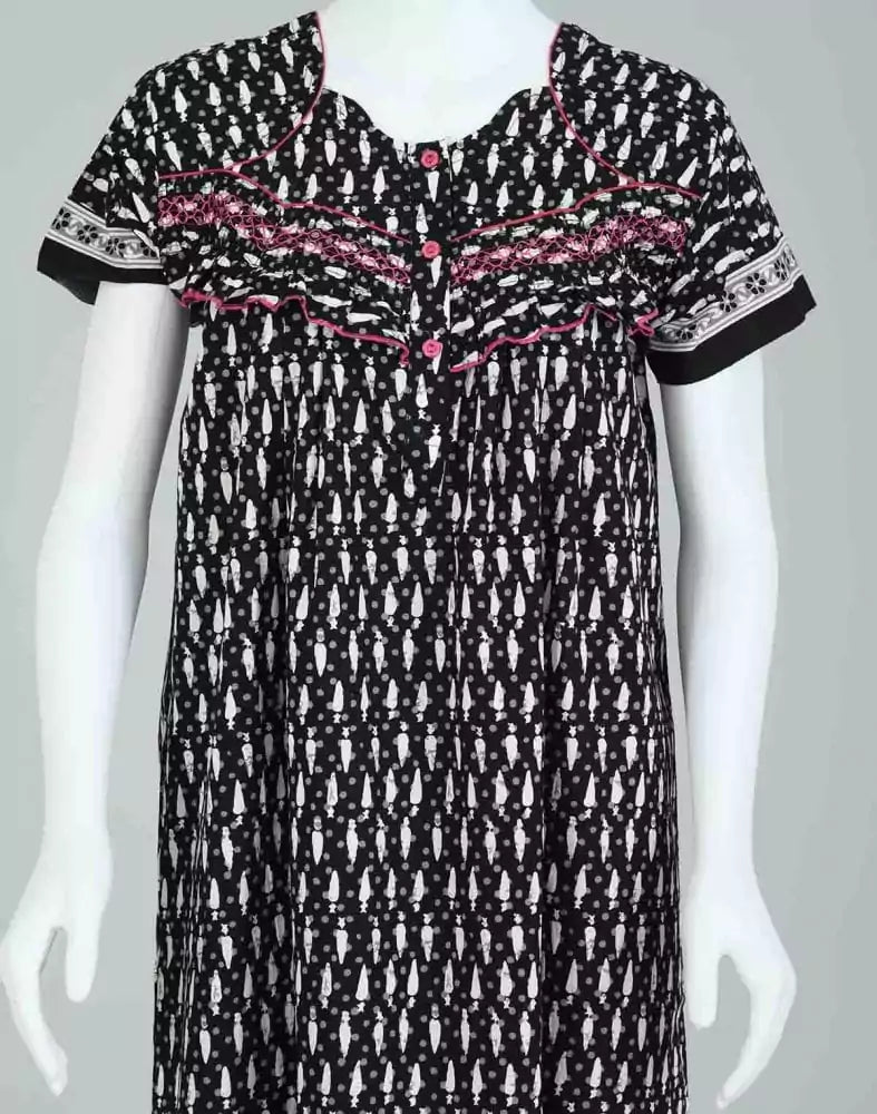 Image of Black Polka Dots Cotton Printed Women Nighty - South India Shopping Mall