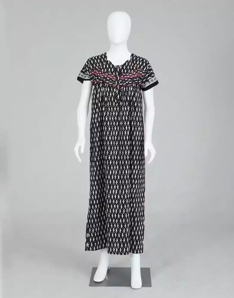 Image of Black Polka Dots Cotton Printed Women Nighty - South India Shopping Mall