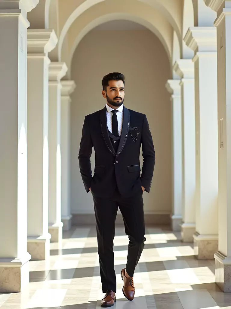 Image of Black Polyester Terylene 5 Pc Tuxido Designer Suit - South India Shopping Mall