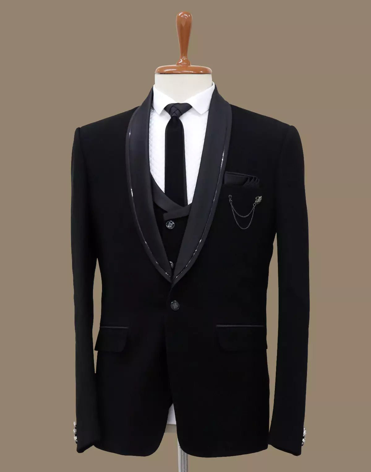 Image of Black Polyester Terylene 5 Pc Tuxido Designer Suit - South India Shopping Mall