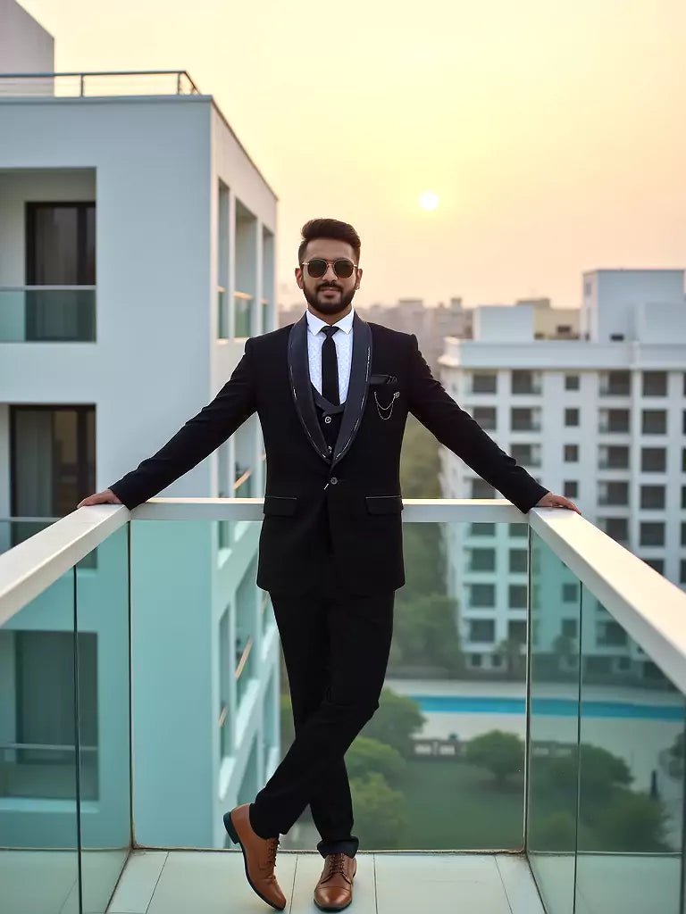 Image of Black Polyester Terylene 5 Pc Tuxido Designer Suit - South India Shopping Mall