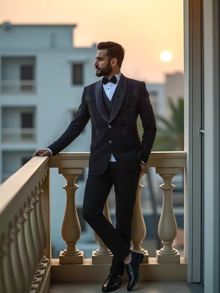 Image of Black Polynosic Cutdana with Pearls work 5 Pc Designer Suit - South India Shopping Mall