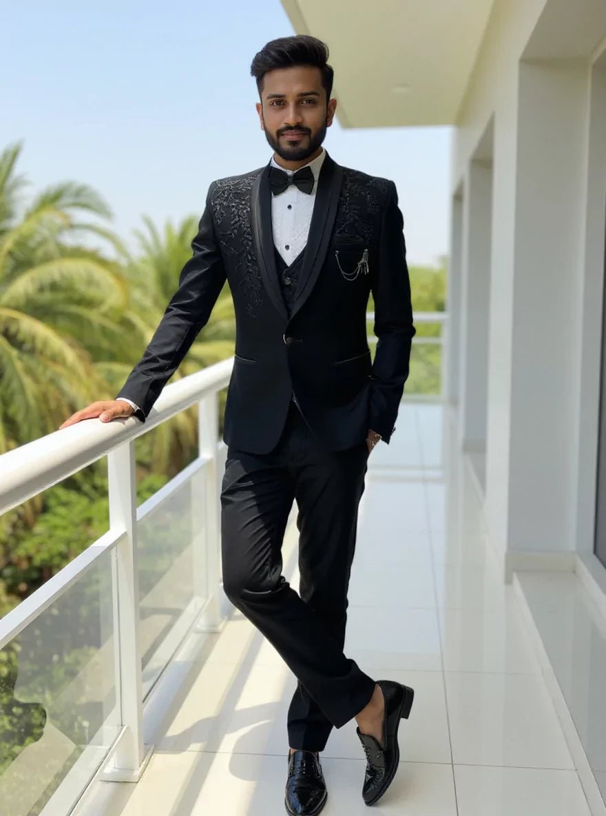 Image of Black Polynosic Elegant Cutdana work 5 Pc Designer Suit - South India Shopping Mall