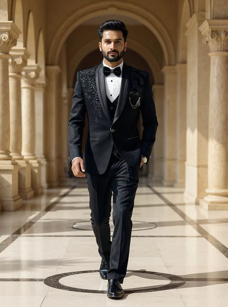 Image of Black Polynosic Elegant Cutdana work 5 Pc Designer Suit - South India Shopping Mall