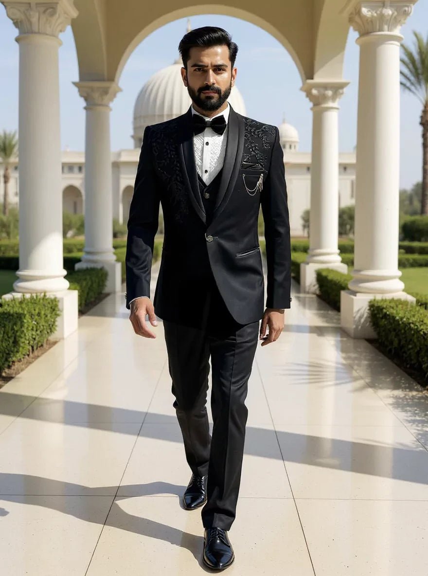 Image of Black Polynosic Elegant Cutdana work 5 Pc Designer Suit - South India Shopping Mall