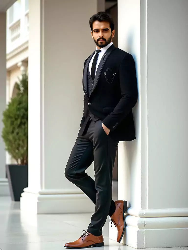 Image of Black Polynosic Solid Suit with Unstitched Satin Trouser - South India Shopping Mall