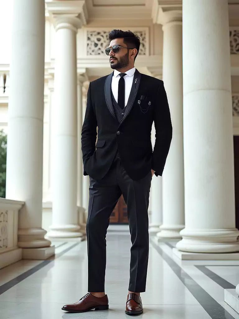 Image of Black Polynosic Solid Suit with Unstitched Satin Trouser - South India Shopping Mall