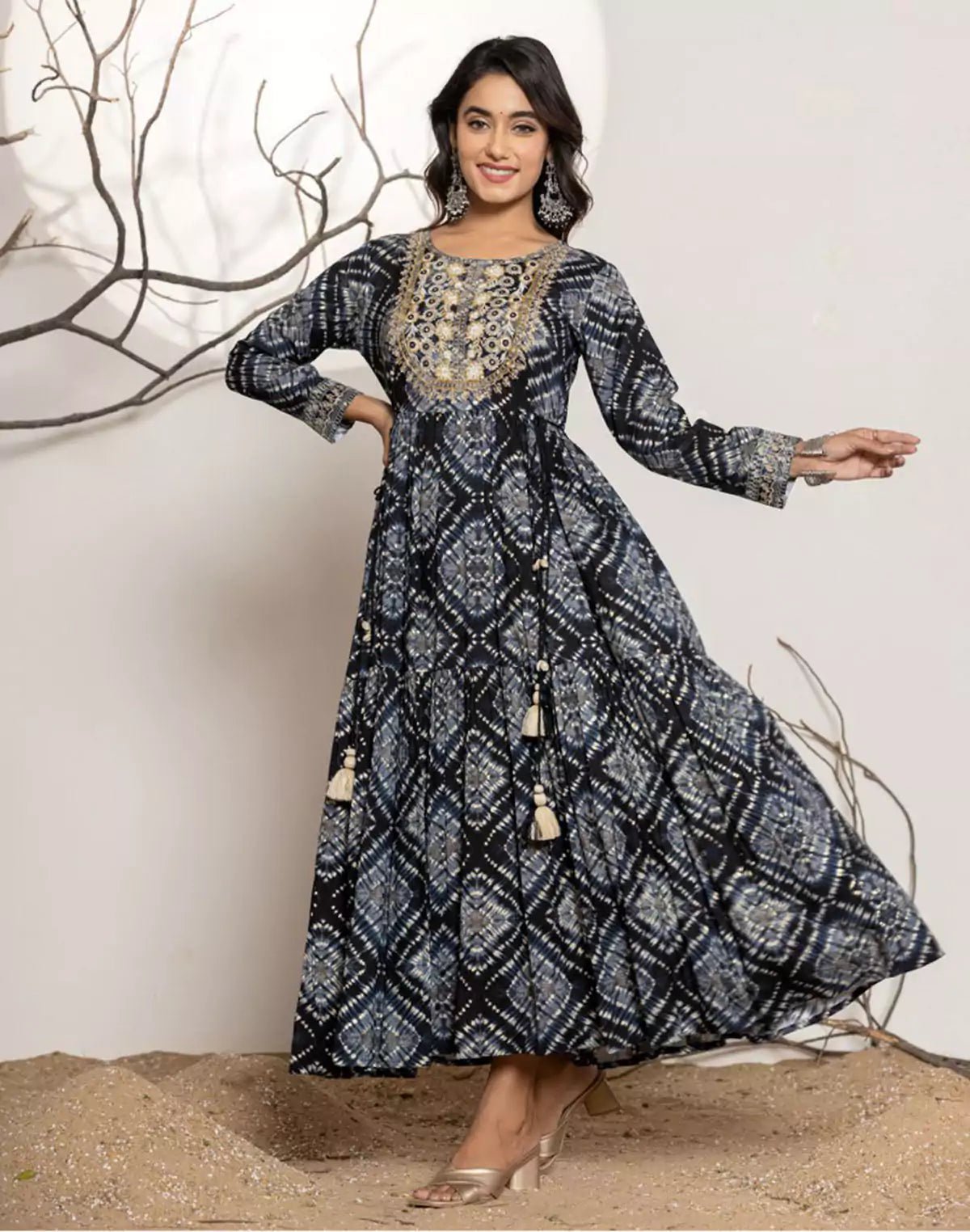 Black Rayon Graphic Anarkali Kurti - South India Shopping Mall