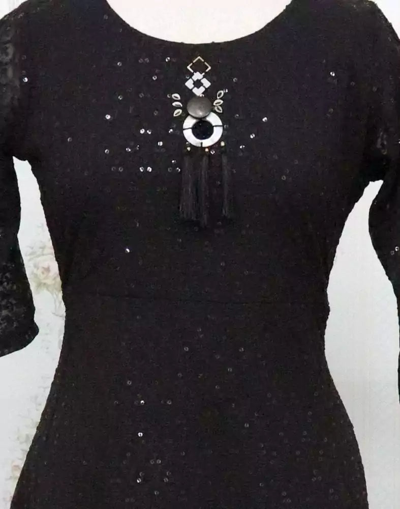 Black Self Design Georgette Embellished Kurti - South India Shopping Mall