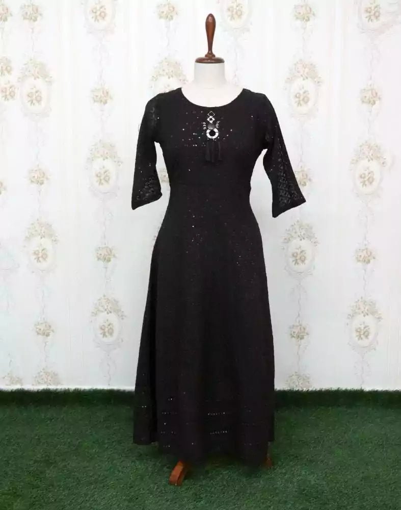Black Self Design Georgette Embellished Kurti - South India Shopping Mall