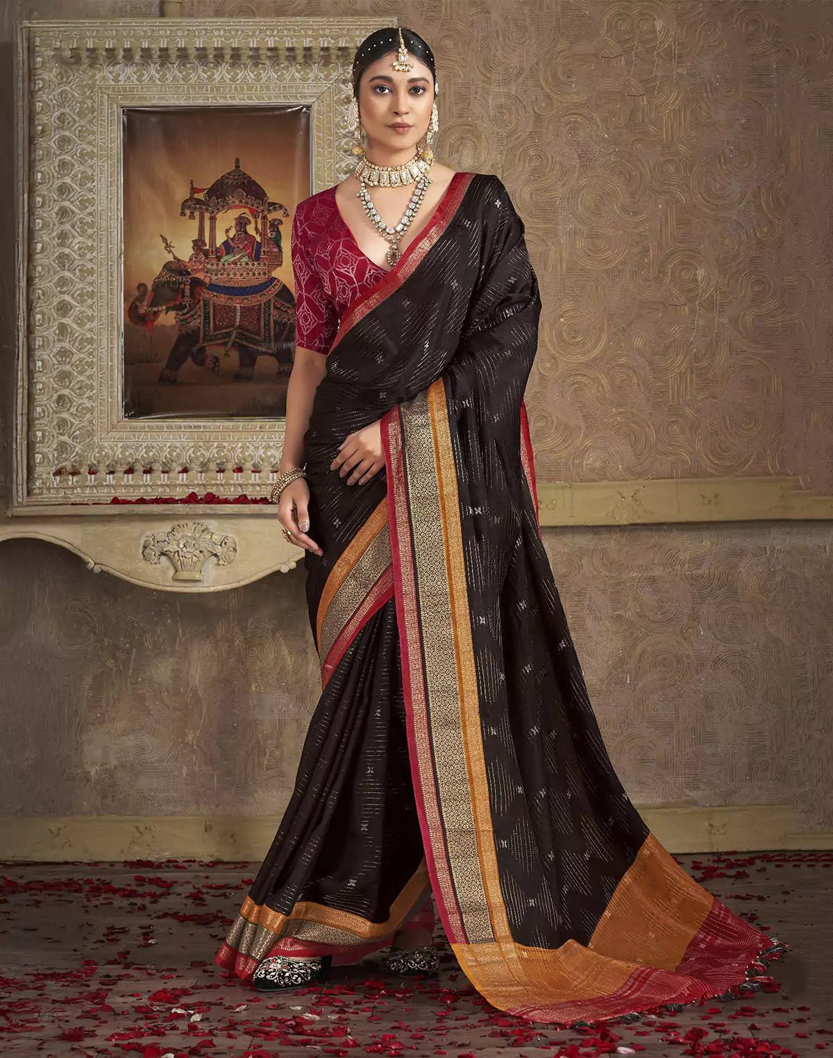Image of Black Silver Zari Motifs Party Wear Satin Saree - South India Shopping Mall
