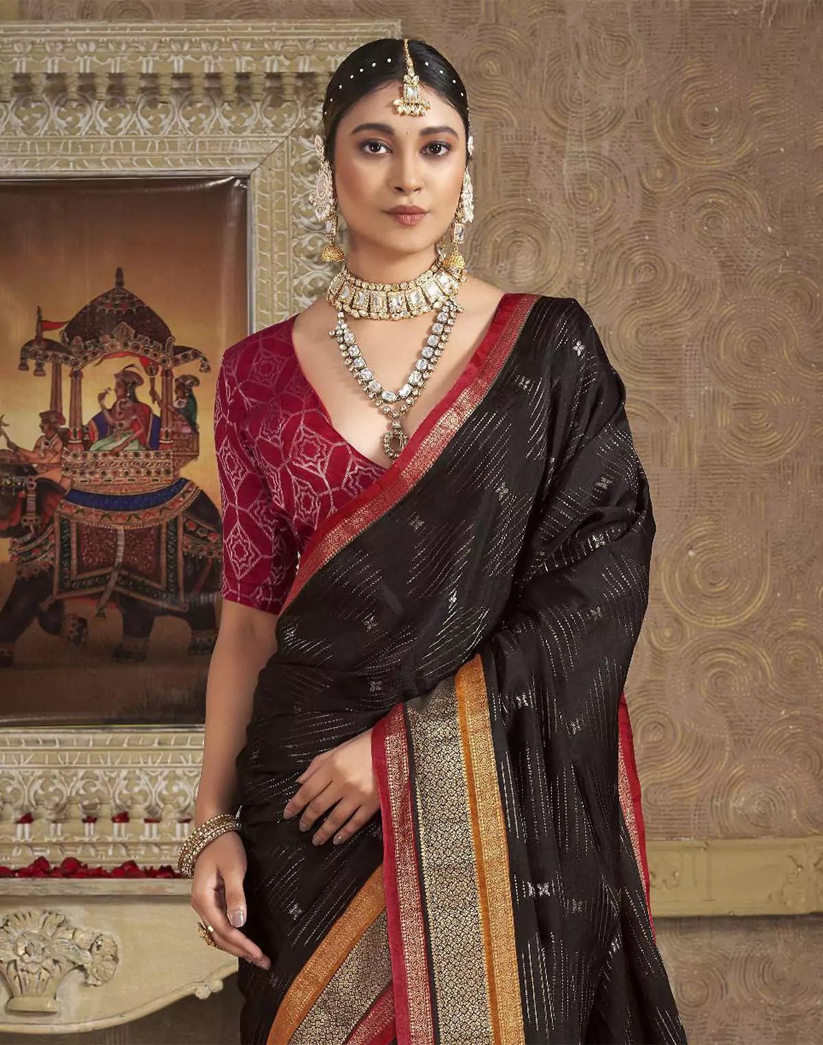 Image of Black Silver Zari Motifs Party Wear Satin Saree - South India Shopping Mall