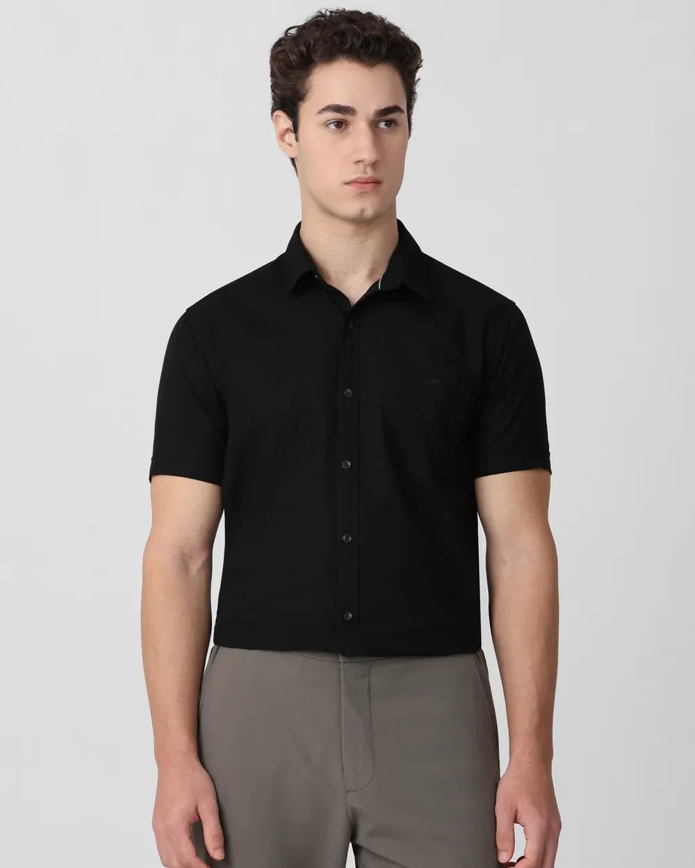 Image of Black Solid Cotton with Linen Half Sleeve Shirt - South India Shopping Mall