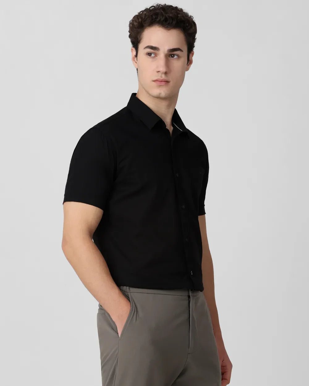 Image of Black Solid Cotton with Linen Half Sleeve Shirt - South India Shopping Mall