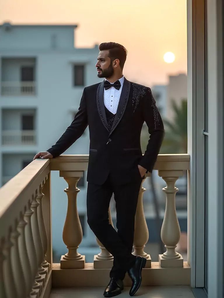 Image of Black Solid Polynosic Cutdana with Pearls work 5 Pc Designer Suit - South India Shopping Mall