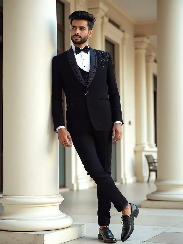 Image of Black Solid Polynosic Cutdana with Pearls work 5 Pc Designer Suit - South India Shopping Mall