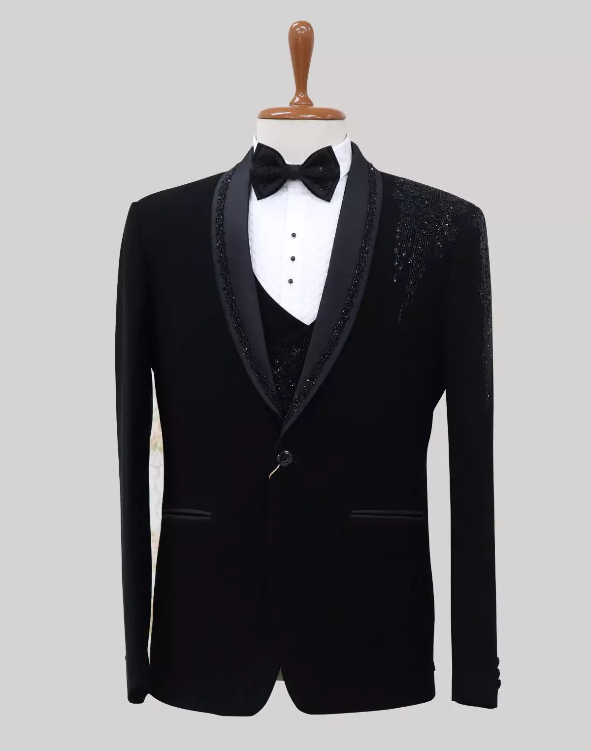 Image of Black Solid Polynosic Cutdana with Pearls work 5 Pc Designer Suit - South India Shopping Mall