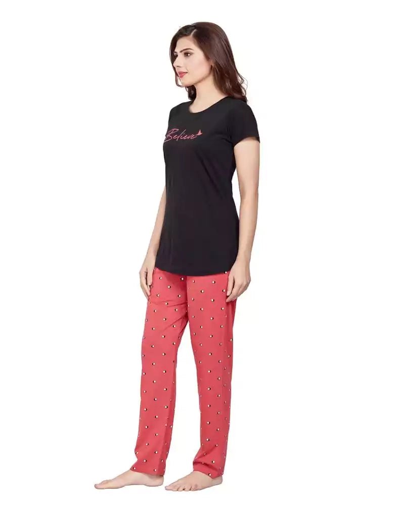 Image of Black Typography Cotton Printed Night Wear - South India Shopping Mall