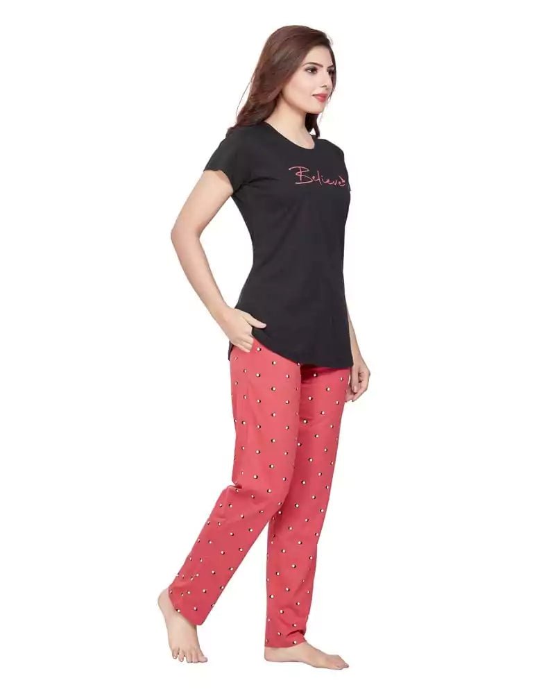 Image of Black Typography Cotton Printed Night Wear - South India Shopping Mall
