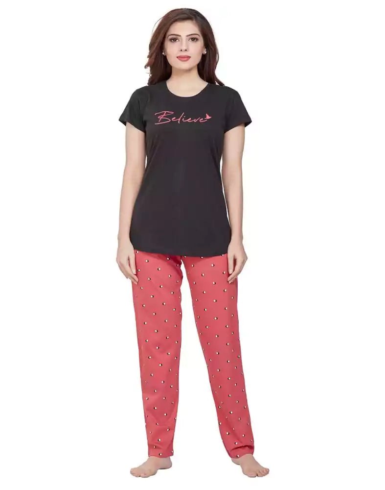 Image of Black Typography Cotton Printed Night Wear - South India Shopping Mall