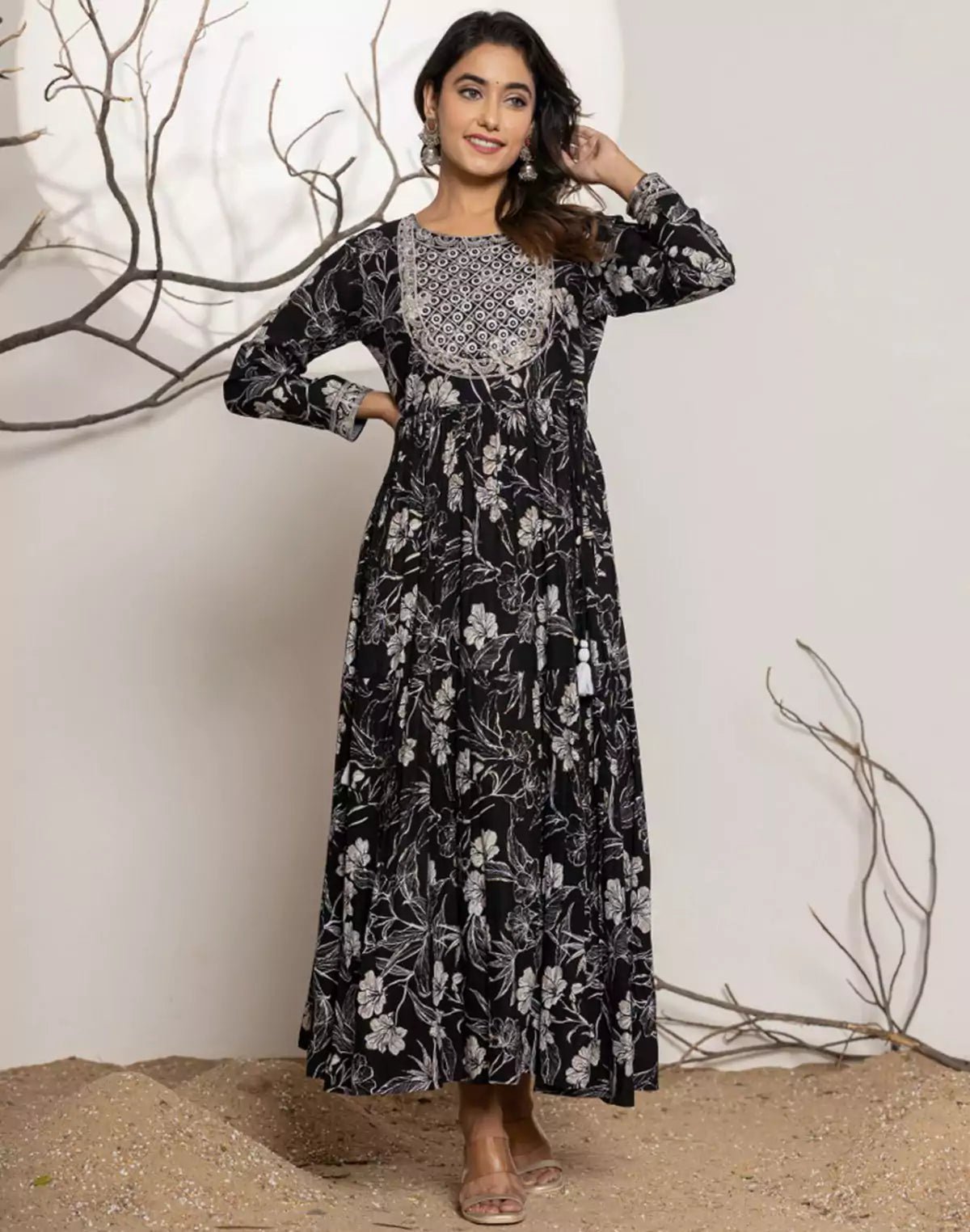 Image of Black Yoke Design Rayon Floral Print Kurti - South India Shopping Mall