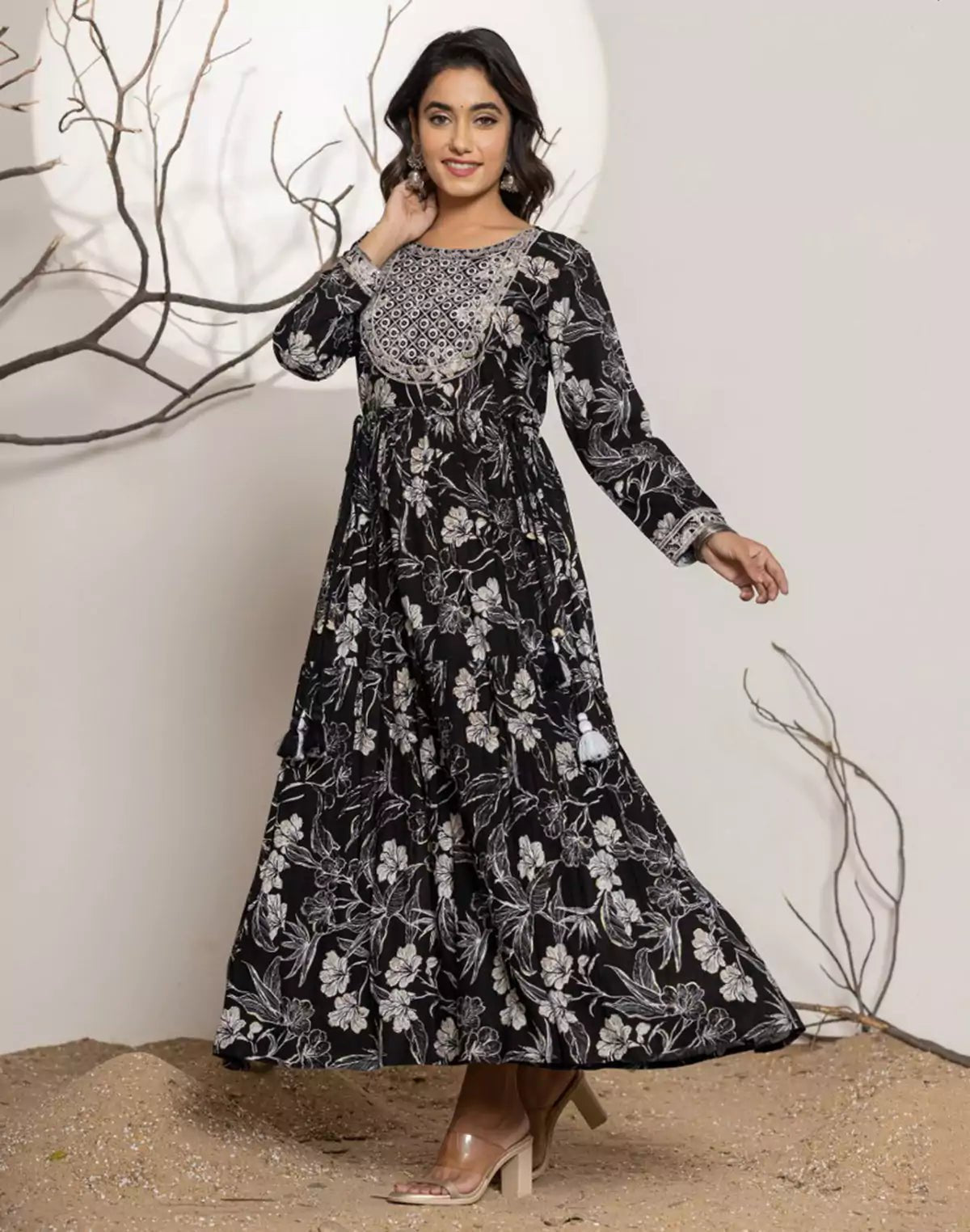 Image of Black Yoke Design Rayon Floral Print Kurti - South India Shopping Mall