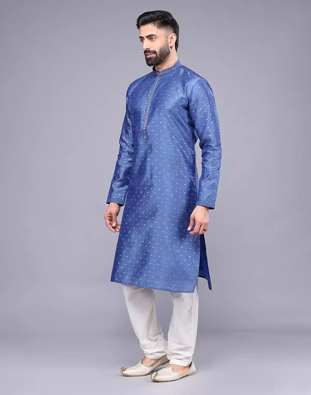 Image of Blue All Over Bootis and Self Weaving Soft Silk Kurta Set - South India Shopping Mall