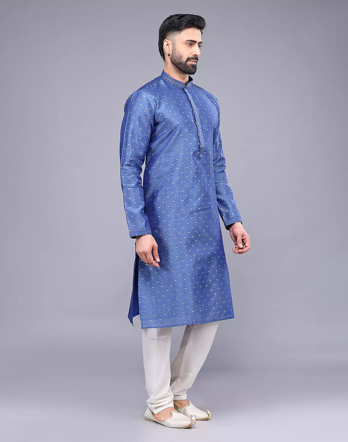 Image of Blue All Over Bootis and Self Weaving Soft Silk Kurta Set - South India Shopping Mall
