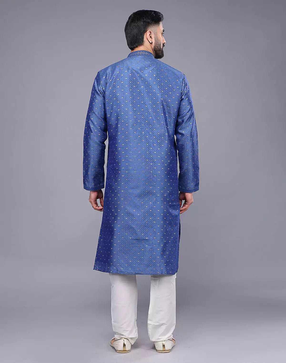 Image of Blue All Over Bootis and Self Weaving Soft Silk Kurta Set - South India Shopping Mall