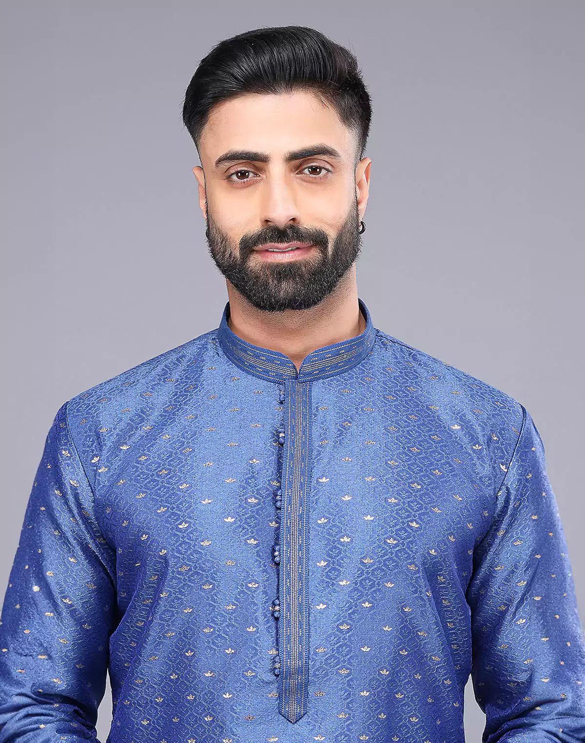 Image of Blue All Over Bootis and Self Weaving Soft Silk Kurta Set - South India Shopping Mall